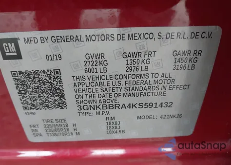 2019 Chevrolet Blazer из США, поврежденный, VIN 3GNKBBRA4KS591432